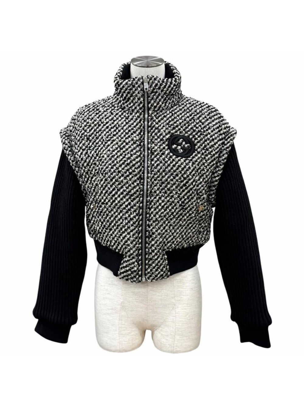 Gucci Wool Blend Interlocking G Contrast Design Tweed Bomber Jacket Black Beige